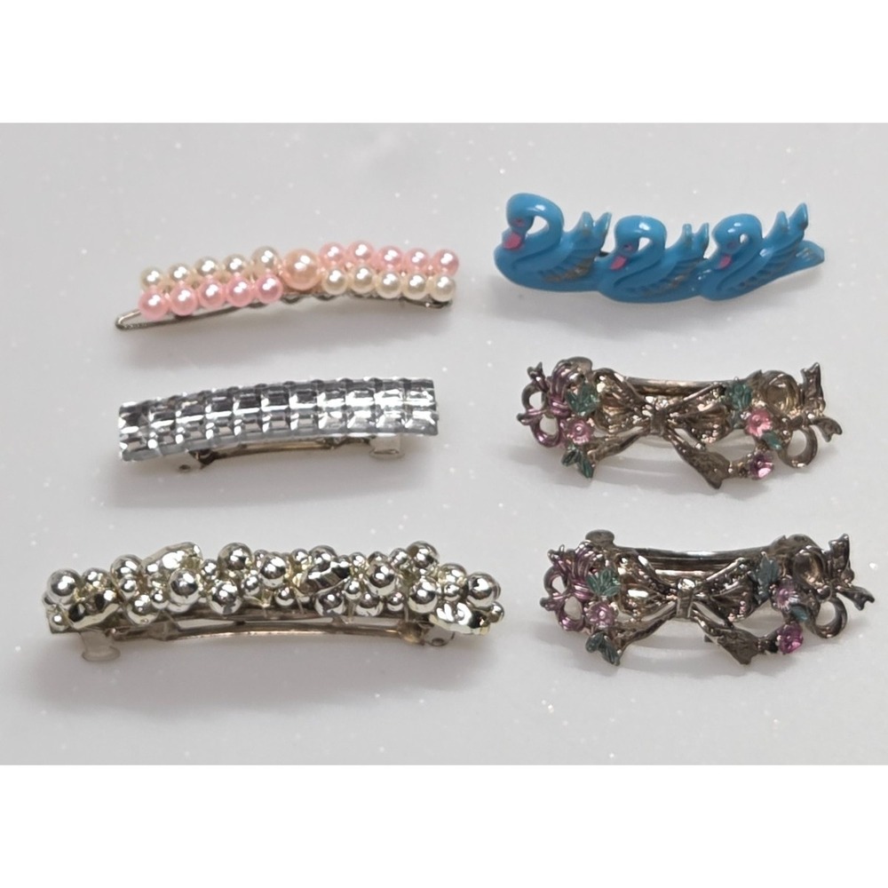 Vintage Barrettes Hair Clips Lot Flowers Pearls Bows Swans